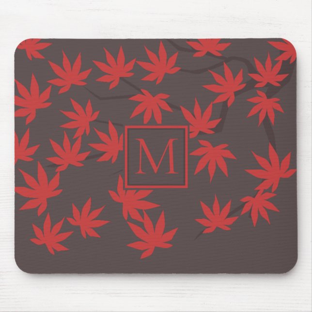 Mousepad Modern Monogram Red Maple Leaf Grey (Frente)
