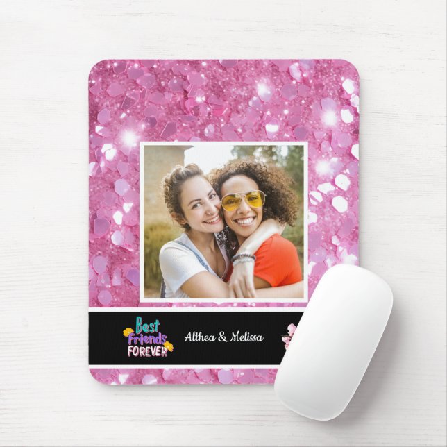 Mousepad Modern Pink Glitter Melhor Amigo Personalizável (Com mouse)