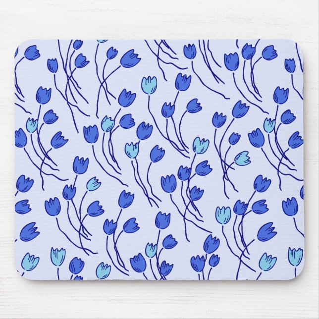 Mousepad Modern Sketchy Tulips Pattern | Blue Delft (Frente)