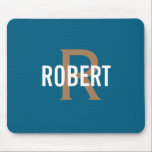 Mousepad Modern teal gold monogram men name<br><div class="desc">Modern design with teal background,  a modern gold monogram with white name. Personalize with your name and initial.</div>