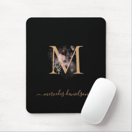 Mousepad Moderno Blush Pink Floral Monogramado Preto Dourad