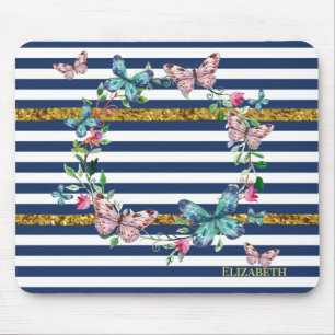 Mousepad Moderno Chic Feminino Borboletas Listras