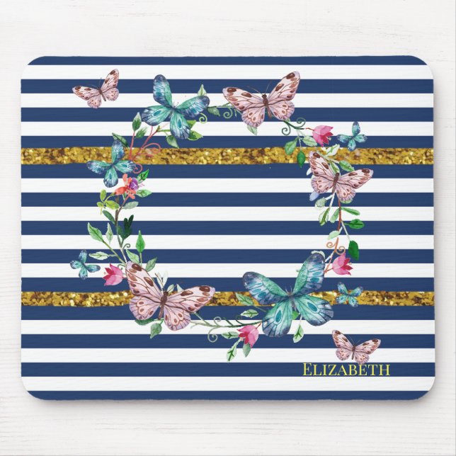Mousepad Moderno Chic Feminino Borboletas Listras (Frente)