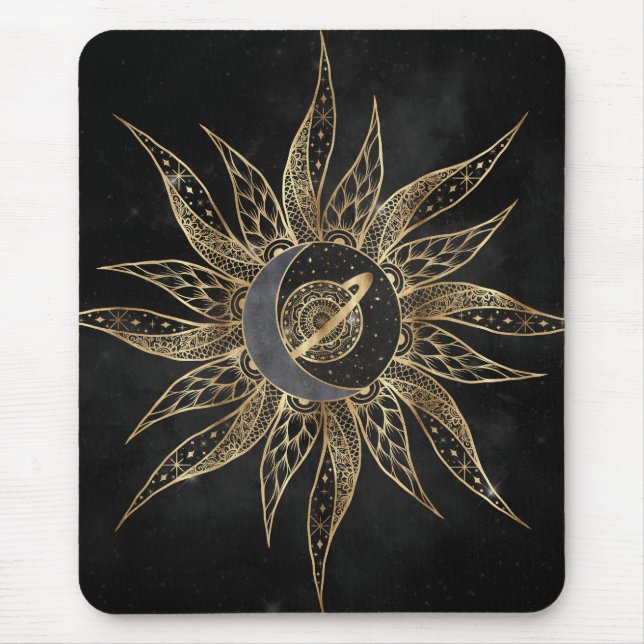 Mousepad Moderno Dourado Planeta da Lua Solar Mandala (Frente)