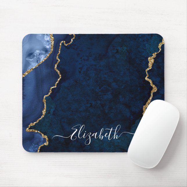 Mousepad Moderno Elegante Marble Blue Geode Dourado (Com mouse)