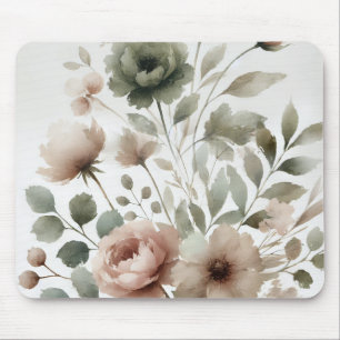 Mousepad Moderno Floral em Aquarela Oliva Empoeirada e Rosa