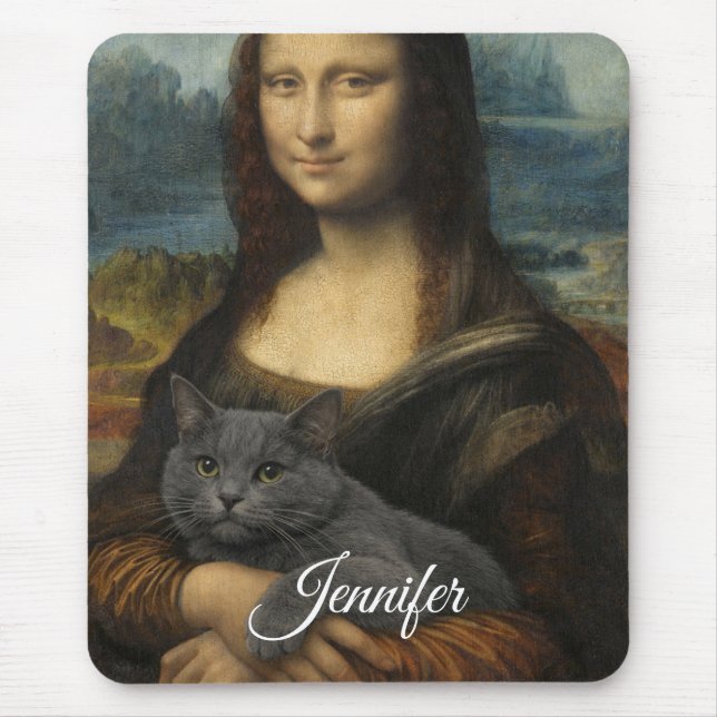 Mousepad Mona Lisa Holding Elegant Gray Cat                 (Frente)