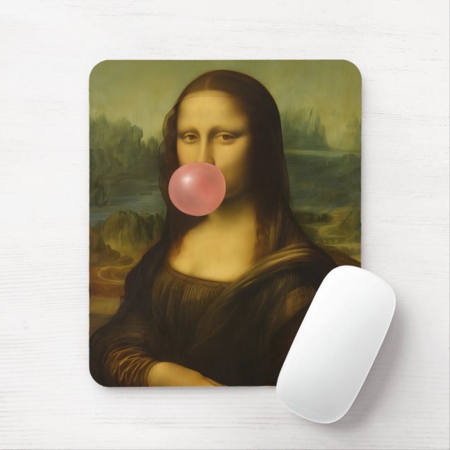 Mousepad Mona Lisa Piscando Goma-Bolha Rosa (Com mouse)