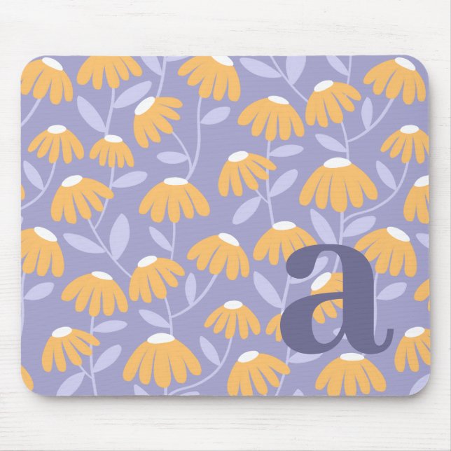 Mousepad Monogram Letter Initial Yellow Blue Floral Pattern (Frente)