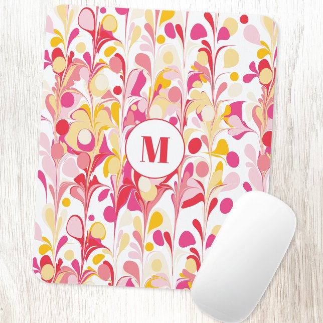 Mousepad Monogram Retro Marble Abstract Pattern Pink (Modern retro pink yellow marble pattern personalized monogram initial mousemat)