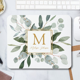 Mousepad Monogram Watercolor Tropical Green Leaves
