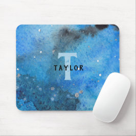 Mousepad Monograma Abstrato Azul Preto Aquarela Arte Fina