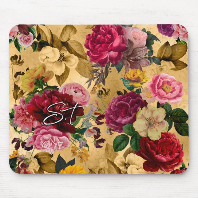 Mousepad Monograma amarelo de flores rosadas elegantes (Frente)