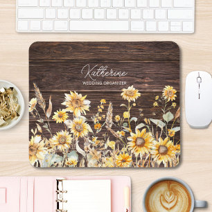 Mousepad Monograma Amarelo de Girassol em Campo de Aguarela