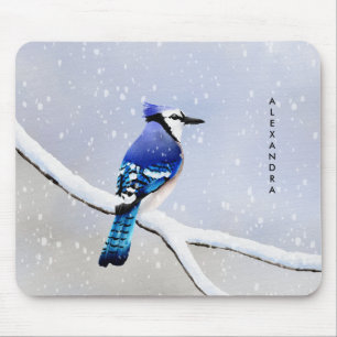 Mousepad Monograma Aquarela Pássaro Azul Neve