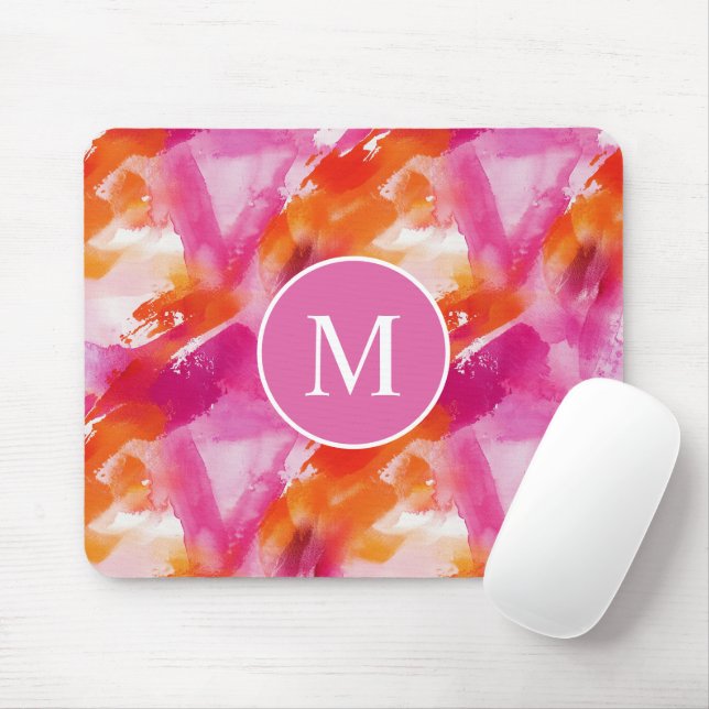 Mousepad Monograma Aquarela Rosa Laranja Abstrato (Com mouse)