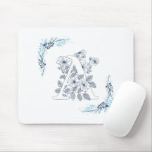Monograma Azul Calmo Floral Inicial "A"
