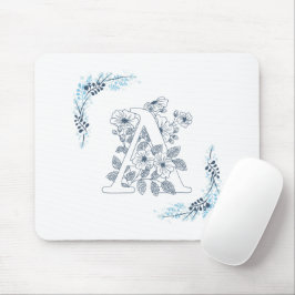 Mousepad Monograma Azul Calmo Floral Inicial "A"