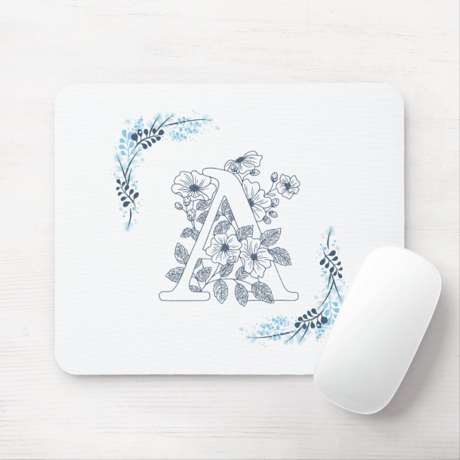 Mousepad Monograma Azul Calmo Floral Inicial "A" (Com mouse)