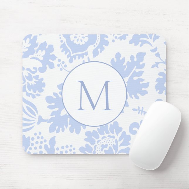 Mousepad Monograma Azul Floral Elegante Botânica (Com mouse)