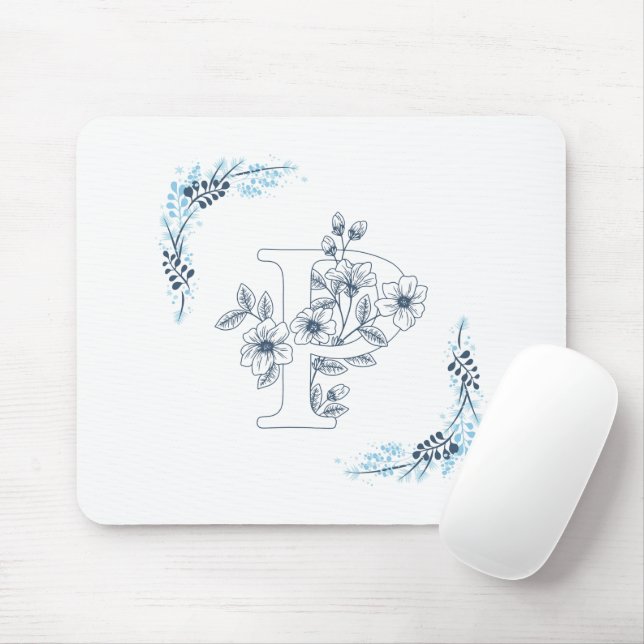 Mousepad Monograma azul inicial Calm Floral (Com mouse)