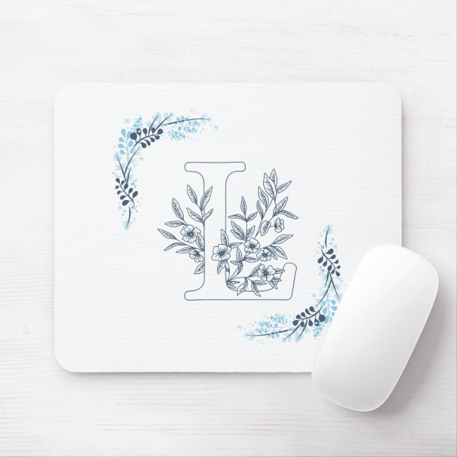 Mousepad Monograma azul inicial Calm Floral (Com mouse)