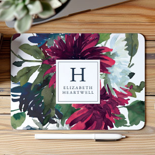 Mousepad Monograma Azul Marinho Borgonha Aquarela Floral