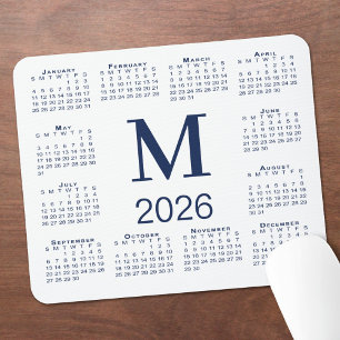 Mousepad Monograma Azul Marinho Calendário 2026 em Branco