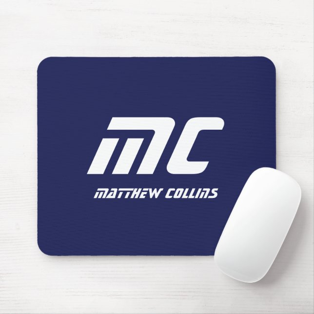 Mousepad Monograma Azul Minimalista Moderno Nome Branco Sim (Com mouse)