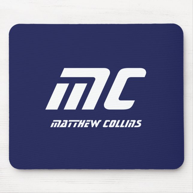 Mousepad Monograma Azul, Nome Moderno Minimalista Branco Si (Frente)