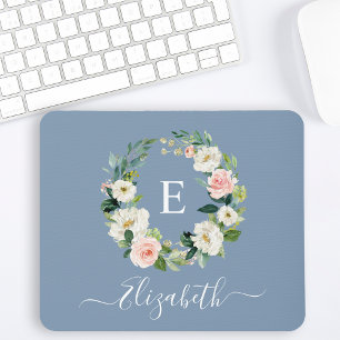 Mousepad Monograma Azul Poeira Floral Rosa Elegante Aquarel