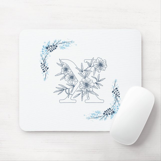 Mousepad Monograma Azul "X" Floral Calmo Inicial (Com mouse)