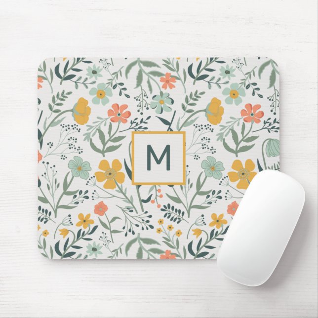 Mousepad Monograma Belo Padrão Botânico Floral (Com mouse)