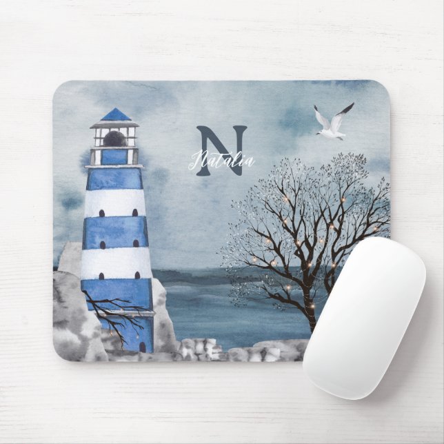 Mousepad Monograma Blue Lighthouse Watercolor Art (Com mouse)