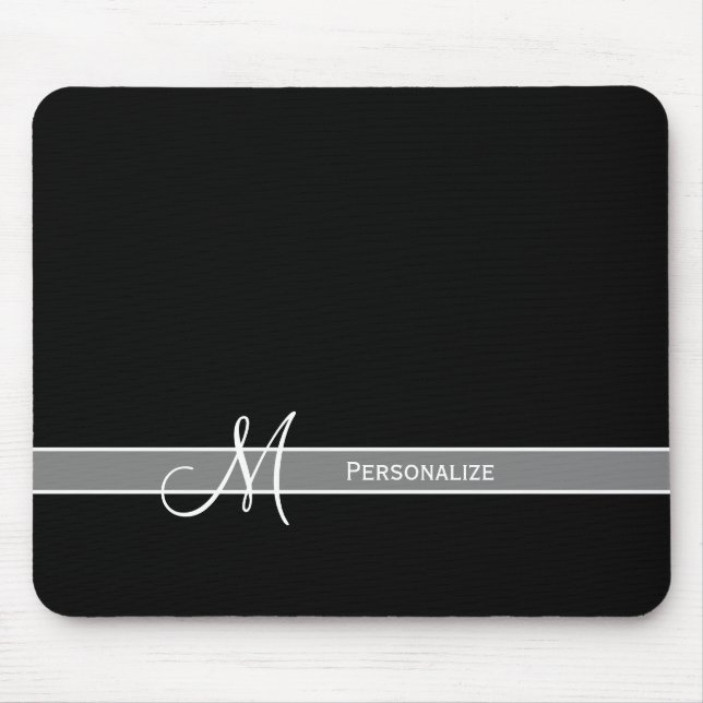 Mousepad Monograma branco e preto elegante com nome (Frente)