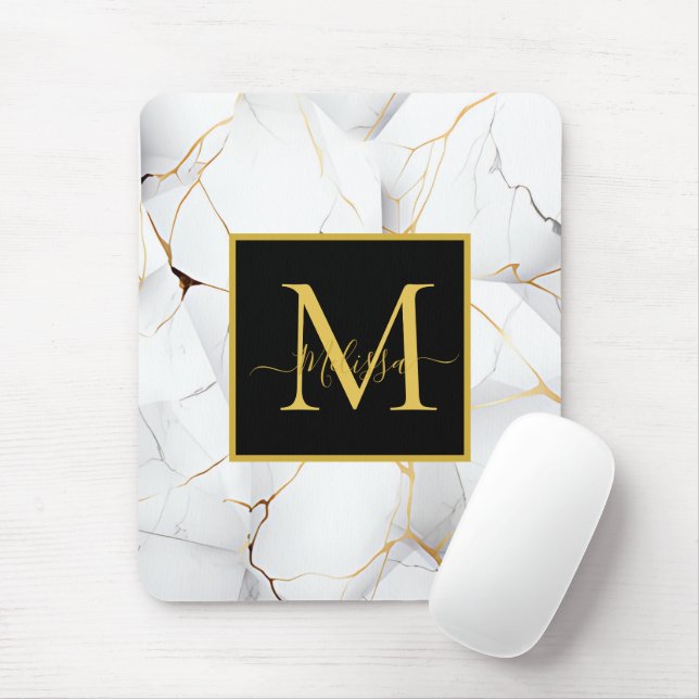 Mousepad Monograma branco Elegante e Dourado Marbled (Com mouse)