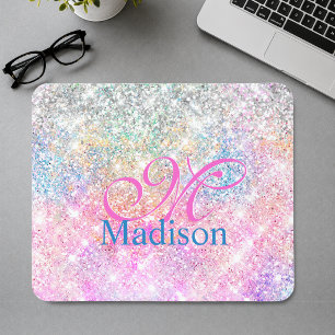 Mousepad Monograma brilhante rosa unicórnio iridescente fof