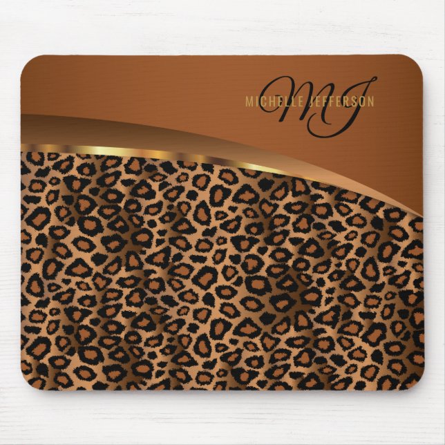 Mousepad Monograma Brown, preto e leopardo do ouro (Frente)