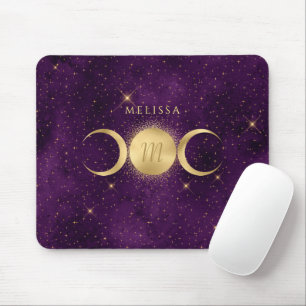 Mousepad Monograma Celestial de Ouro Triplo de Lua Roxo
