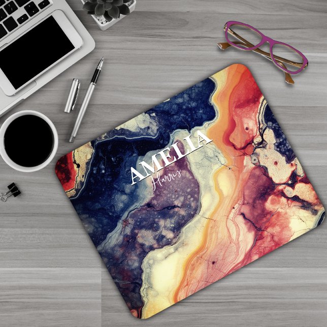 Mousepad Monograma cinegético de mármore azul Elegante (Criador carregado)