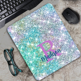 Mousepad Monograma cintilante azul-azul-unicórnio, iridesce