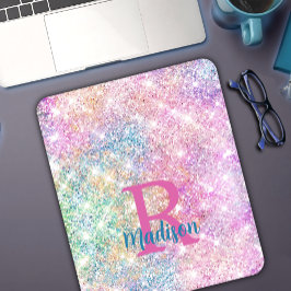 Mousepad Monograma cintilante branco iridescente, cor-de-ro