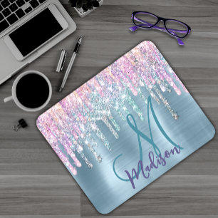 Mousepad Monograma cintilante de unicórnio aqua rosa-chic