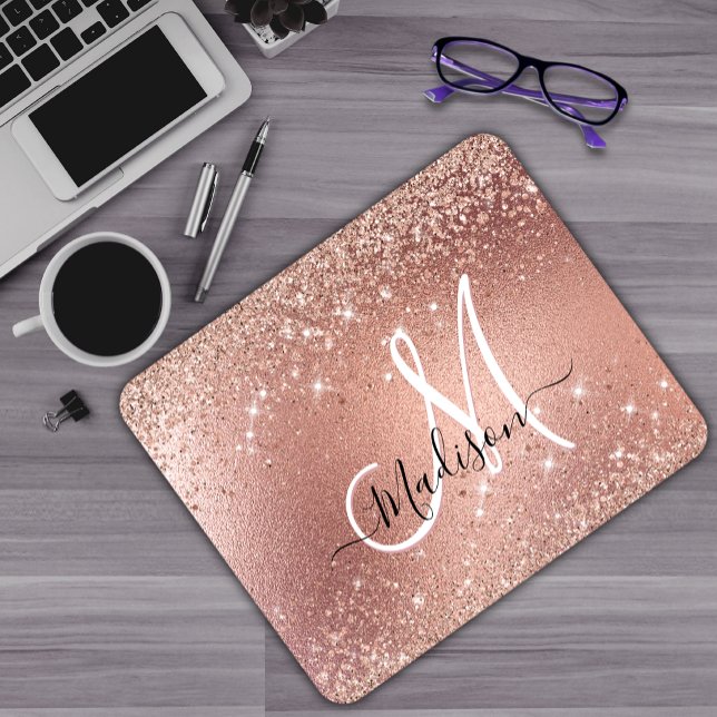 Mousepad Monograma cinzento rosa dourado (Criador carregado)