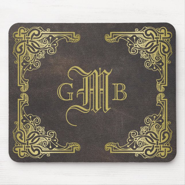 Mousepad Monograma clássico dourado quadro chique de couro (Frente)