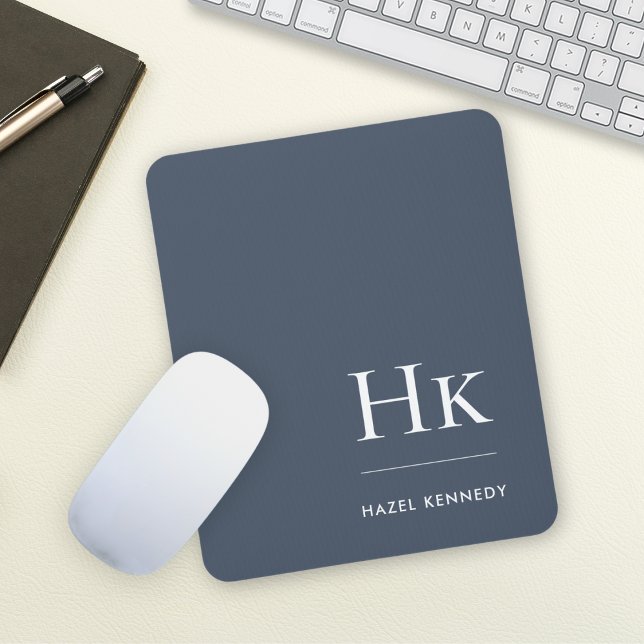 Mousepad Monograma Clássico Elegante Azul Marinho Branco In (Criador carregado)