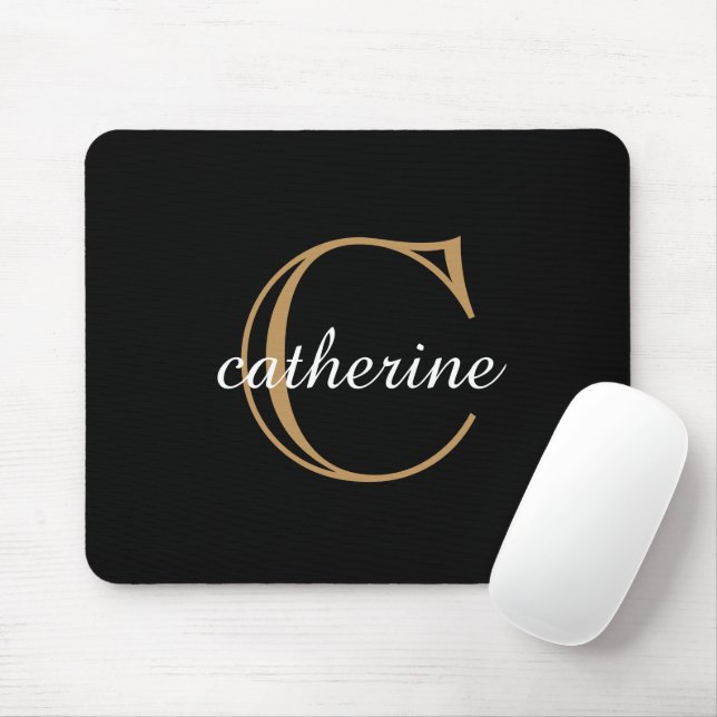 Mousepad Monograma Clássico Preto e Dourado em Letra Cursiv (Com mouse)