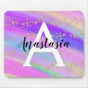 Mousepad Monograma Colorido de Glitter Dourado Unicórnio R