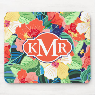 Mousepad Monograma colorido do teste padrão do hibiscus
