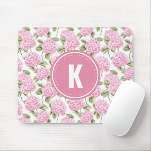 Mousepad Monograma com Padrão de Flores de Hortênsia Rosa E